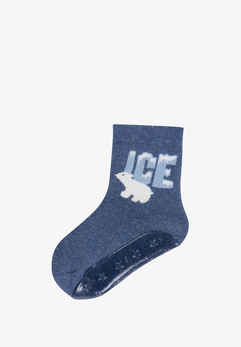Blue children's sock with a white polar bear and the word "ICE" above, featuring non-slip star grips on the sole.
