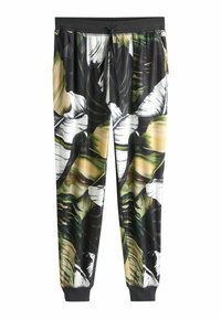 Leggings en tissu léger avec un fond noir orné de grandes feuilles tropicales vertes et blanches. Taille élastique avec cordon de serrage.