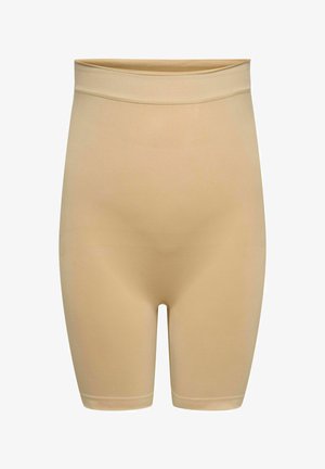 Bež brezšivne oblikovalne kratke hlače z visokim pasom do sredine stegen, zasnovane za gladko obliko in udobno prileganje.