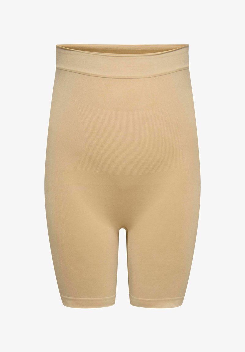 Beige sømløse shaping-shorts med høyt liv og midt på låret lengde, designet for jevn form og komfortabel passform.