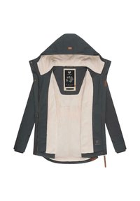 Gray winter jacket with a fur-lined interior. Features a hood, front zipper, and snap buttons. Includes a label with floral design.