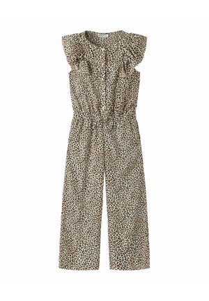 Ermeløs buksedress med beige og brun leopardmønster, knappet foran, volangdetaljer på skuldrene, elastisk midje og vide benbukser.