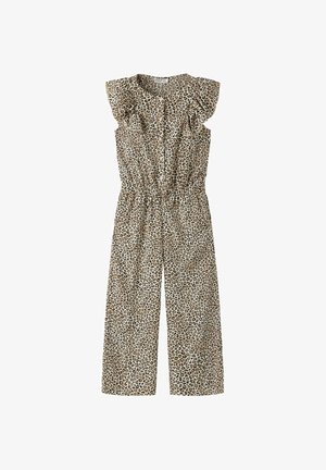 Mouwloze jumpsuit met een beige en bruine luipaardprint, knoopsluiting aan de voorkant, gerimpelde schouders en een elastische tailleband, broek met wijde pijpen.