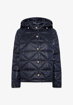 Navy quilted puffer jacket with a hood, featuring gold-tone button closures and a smooth, shiny texture. Diagonal stitching pattern throughout.