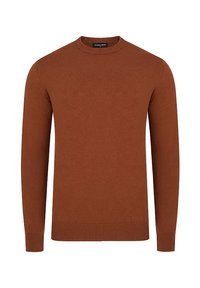 Brązowy sweter z okrągłym dekoltem, wykonany z miękkiego, teksturowanego materiału. Posiada długie rękawy oraz ściągacze przy mankietach i u dołu. Idealny na codzienne noszenie.