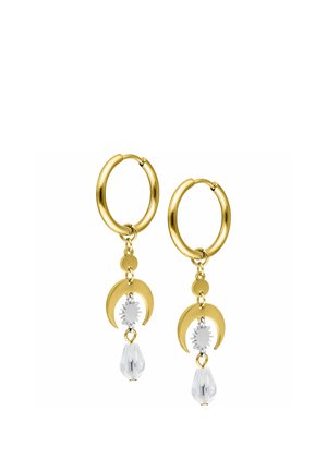 Goldene Creolen-Ohrringe mit Mondsicheln, silbernen Sonnen-Anhängern und klaren, facettierten Tropfenanhängern, die darunter hängen.