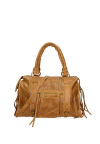 Borsa a mano in pelle marrone con doppio manico, tracolla regolabile, tasca frontale con zip e nappine decorative; presenta hardware in bronzo e superficie texture.