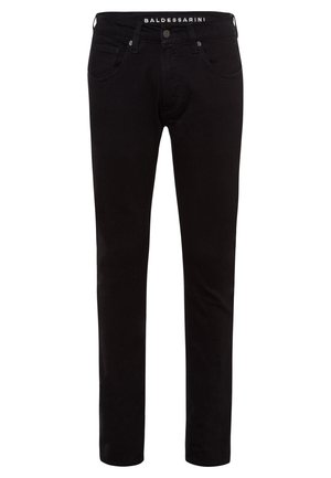 Schwarze Jeans aus Denim im geraden Schnitt, mit fünf Taschen, Gürtelschlaufen und Knopfverschluss. Mit einem Logo am Taillenbund.