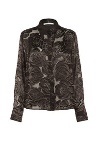Blusa nera trasparente con motivo a rose, chiusura a bottoni sul davanti e maniche lunghe con dettaglio ai polsi. Il materiale ha una finitura morbida e texture.