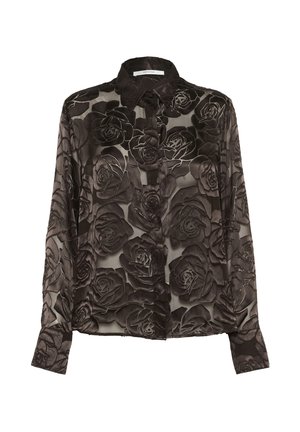 Black sheer blouse featuring a rose pattern, button-down front, and long sleeves with cuff detail. Material has a soft, textured finish.
