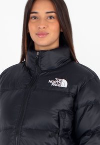 Giacca a vento nera con collo alto e chiusura a zip frontale. Presenta il logo The North Face in bianco sul lato sinistro superiore. Finitura liscia e lucida.
