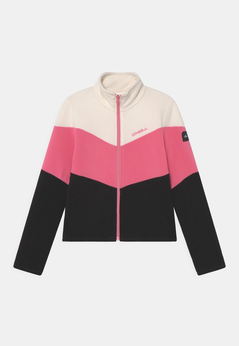 Chaqueta de forro polar con cuello alto, cremallera frontal y diseño bicolor en crema, rosa y negro. Logo de O'Neill en el pecho.