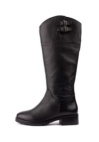 Black knee-high leather boots with a smooth texture, featuring double buckle accents at the top and a sturdy block heel.