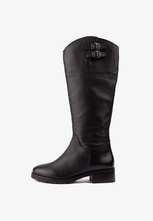 Black knee-high leather boots with a smooth texture, featuring double buckle accents at the top and a sturdy block heel.