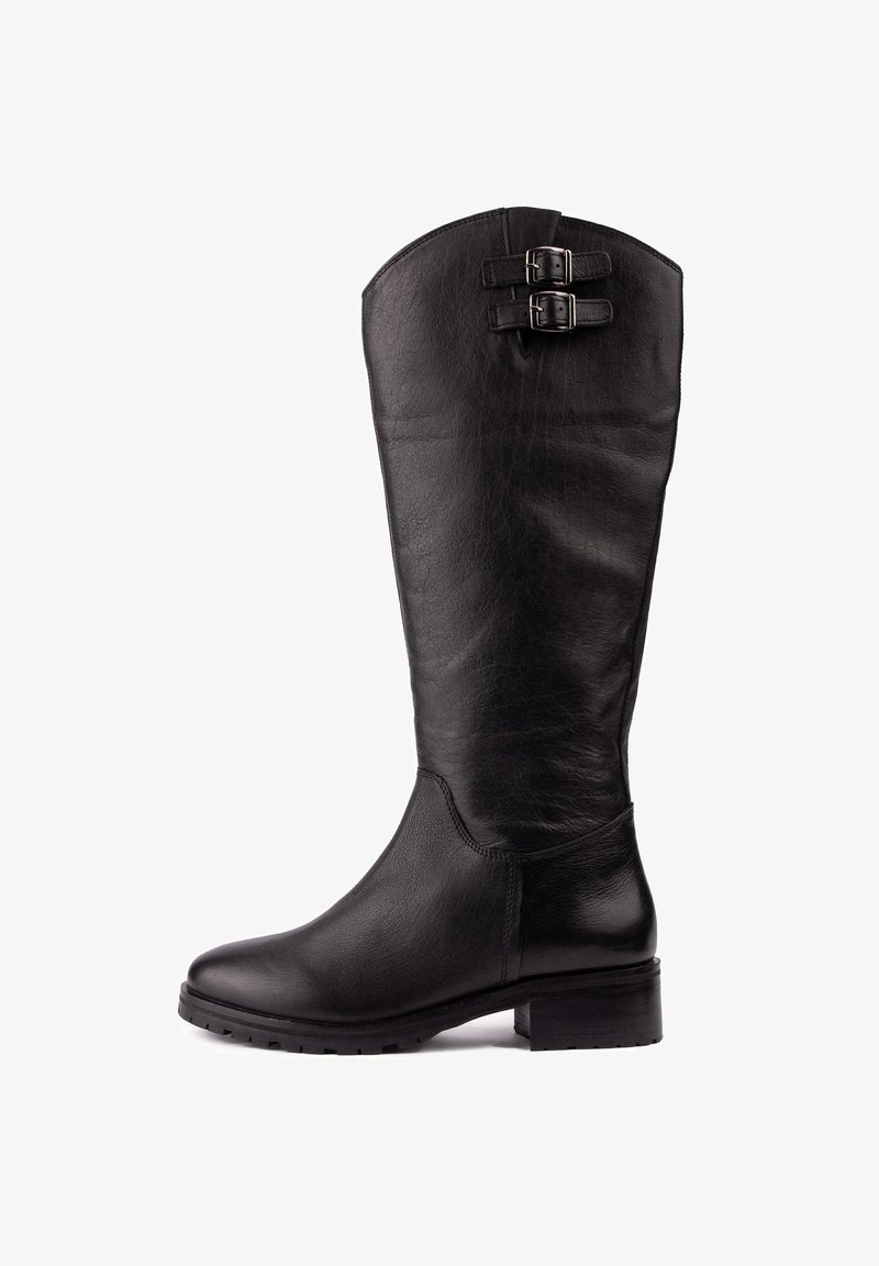 Black knee-high leather boots with a smooth texture, featuring double buckle accents at the top and a sturdy block heel.