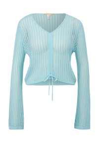 Helles blaues Strickpullover mit V-Ausschnitt, langen Ärmeln und einer Bindeschnur an der Taille. Hat eine transparente Ripptextur.