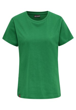 Green cotton t-shirt with a round neckline, short sleeves, and a straight cut. Features a small brand tag at the hem.