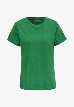 Green cotton t-shirt with a round neckline, short sleeves, and a straight cut. Features a small brand tag at the hem.
