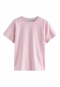 Tricou roz deschis cu mâneci scurte, realizat din bumbac, cu gât rotund și croială lejeră, având o textură netedă și fără modele sau accente.
