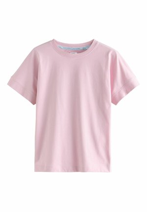 Tricou roz deschis cu mâneci scurte, realizat din bumbac, cu gât rotund și croială lejeră, având o textură netedă și fără modele sau accente.