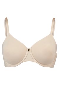 Beige underwire bh med glatte, formede kopper, justerbare stropper og en liten gulldetalj i midten. Designet for støtte og komfort.