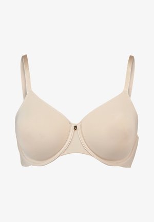 Beiger Unterbrust-BH mit glatten, vorgeformten Cups, verstellbaren Trägern und einem kleinen goldenen Akzent in der Mitte. Entwickelt für Halt und Komfort.