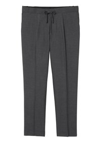 Grijze gestreepte broek met een trekkoord in de taille, met een op maat gemaakte pasvorm en een soepele textuur, ontworpen voor comfort en subtiele stijl.