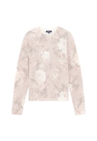 Vaaleanpunainen neulepaita, jossa on kukkakuosi, pitkät hihat, ribbireunat ja pyöreä pääntie. Valmistettu pehmeästä, tekstuuripintaisesta kankaasta.