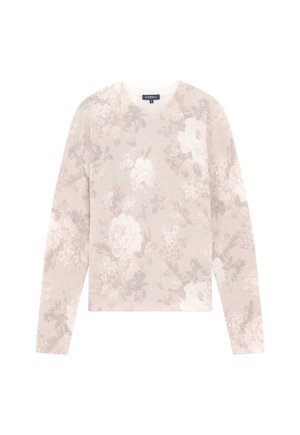 Suéter de color rosa claro con un patrón floral, manga larga, puños acanalados y cuello redondo. Fabricado en un tejido suave y texturizado.