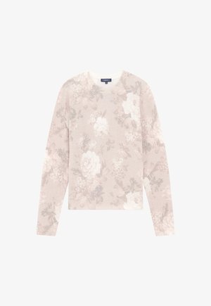 Suéter de color rosa claro con un patrón floral, manga larga, puños acanalados y cuello redondo. Fabricado en un tejido suave y texturizado.