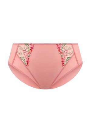 Culotte rose pour femme en tissu lisse, ornée de broderies florales sur les côtés et dotée d'une coupe classique taille haute.