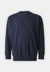 Marineblauwe sweatshirt met een ronde halslijn, lange mouwen, geribde manchetten en zoom, en een klein logotag aan de onderzijde. Zachte stoftextuur.