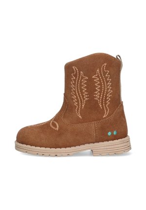 Bruine suède enkelboots met bloemenborduursel, een beige rubberen zool en blauwe accenten op de hak. Korte schacht, ronde neusontwerp.