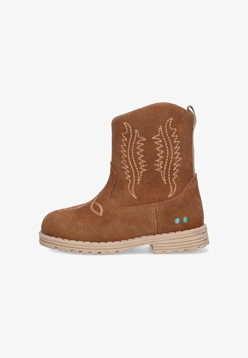 Brown suede ankle boots with floral embroidery, beige rubber sole, and blue accents on the heel. Short shaft, round toe design.