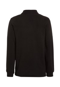 Black long-sleeve polo shirt with a knitted texture, ribbed collar, and cuffs. Features a straight hem and no visible logos or patterns.