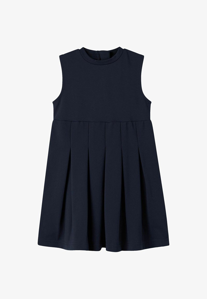 Robe sans manches de couleur marine en tissu doux, présentant un bustier ajusté et une jupe plissée. Encolure ronde avec une fermeture éclair à l'arrière.