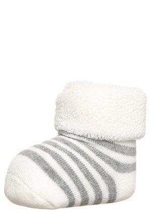 Gestreifte Socke mit einem weißen Frottee-Bündchen, aus weichem Stoff gefertigt. Verfügt über graue und weiße horizontale Streifen am Schaft und eine plüschige Textur.