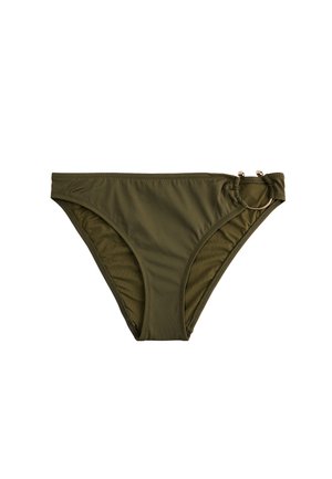 Dół bikini w kolorze oliwkowozielonym z metalowym pierścieniem i dwoma małymi ozdobnymi koralikami na prawej stronie talii.