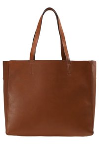Sac cabas en cuir marron avec bretelles doubles pour les épaules et surface lisse, sans décoration.