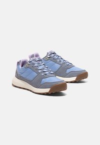 Ett par blå och grå sneakers med lavendelfoder, snörning, vita mellansulor och bruna texturerade yttersulor mot en vit bakgrund.