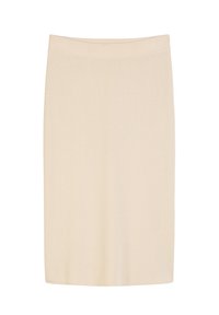 Jupe crayon en tricot beige clair avec une taille ajustée. Texture lisse et design simple, arrivant juste au-dessus du genou.