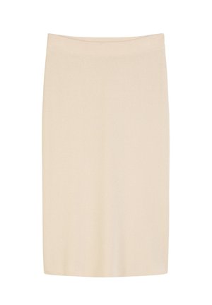 Gebreide kokerrok in lichtbeige met een aangesloten tailleband. Glad textuur en eenvoudig ontwerp, valt net boven de knie.