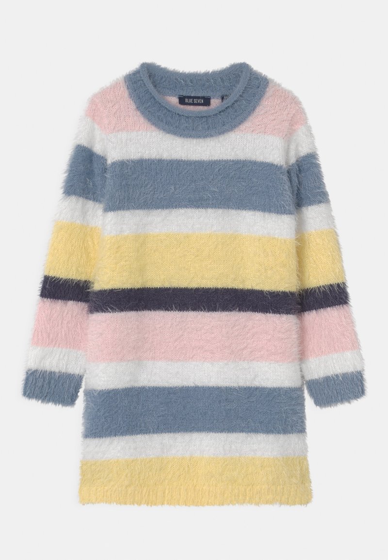 Robe-pull douce à manches longues avec une texture duveteuse et des rayures horizontales en bleu, blanc, rose, jaune et bleu marine foncé.