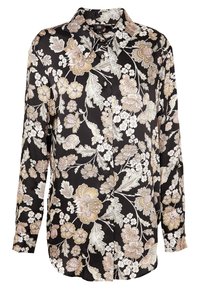 Blusa nera a fiori con maniche lunghe, caratterizzata da un motivo floreale variegato in rosa, bianco e verde. Realizzata in un tessuto liscio e lucido.