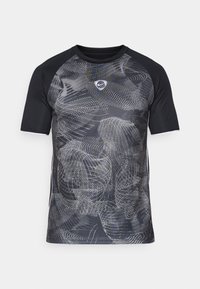 Short-sleeve athletic shirt in black and grey, featuring a swirling line pattern. Constructed from lightweight, moisture-wicking fabric.