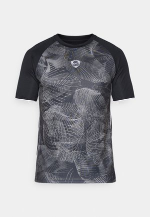 T-shirt de sport à manches courtes en noir et gris, présentant un motif de lignes tourbillonnantes. Confectionné en tissu léger et à évacuation de l'humidité.