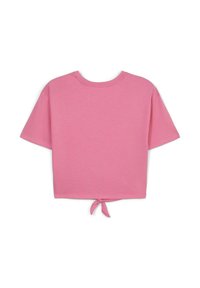T-shirt cropped rosa con scollo rotondo, maniche corte e dettaglio annodato sul retro. Realizzato in morbido e leggero cotone.