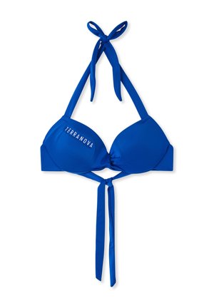 Top bikini blu a collo allacciato con laccetti davanti e dietro al collo, coppe imbottite e “Terranova” stampato in bianco sulla coppa sinistra.