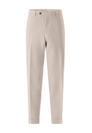 Beige tailored trousers with a buttoned waistband, belt loops, front crease, and cuffed hems, displayed on a white background.