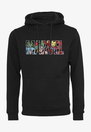 Musta huppari, jossa on edessä graafinen kuva värikkäistä Marvel-sarjakuvahahmoista järjestettynä sanan "MARVEL" kirjainten sisään. Sisältää etutaskun.
